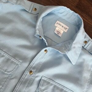 John Blair Leisure Shirt Mens M Blue Polyester Safari‎ Epaulets Pockets Vintage